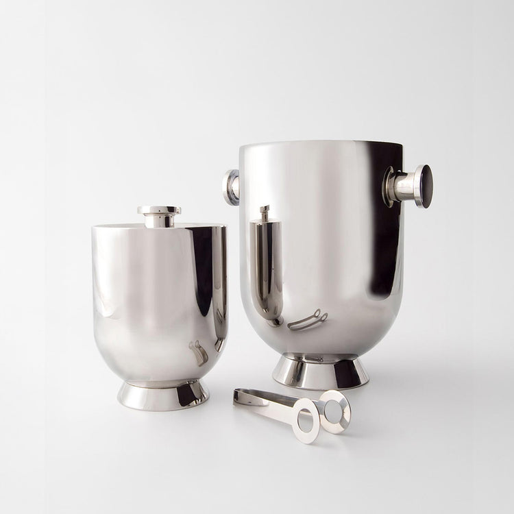 Stainless Steel Mirror Polished Ice Bucket with a tong next to matching Champagne Bucket on a white background.
