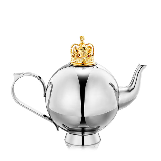 Nick Munro Large Queens Teapot in mirror-polished stainless steel with a gold-plated crown. Luxury 1-litre teapot with infuser for loose leaf tea, inspired by the Queen’s Diamond Jubilee commission.