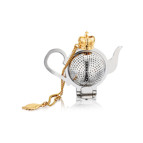 Mirror-finish stainless steel tea infuser ball with a gold-plated crown, inspired by Nick Munro’s Queen’s Jubilee commission. Luxury tea strainer for loose leaf tea.